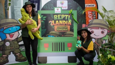 Camaleón y visitantes en la exhibición Reptilandia de Tin Marín